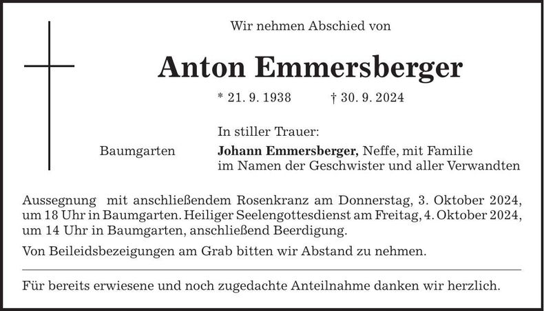 Traueranzeige Johann Emmersberger