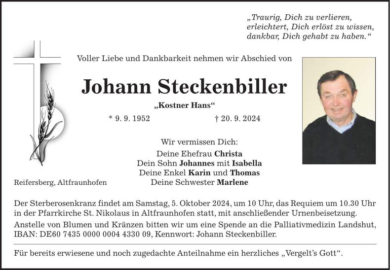 Traueranzeige Johann Steckenbiller