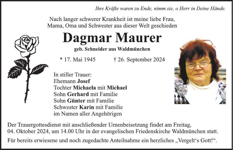 Traueranzeige Dagmar Maurer