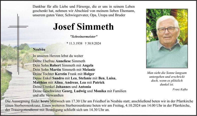 Traueranzeige Josef Simmeth