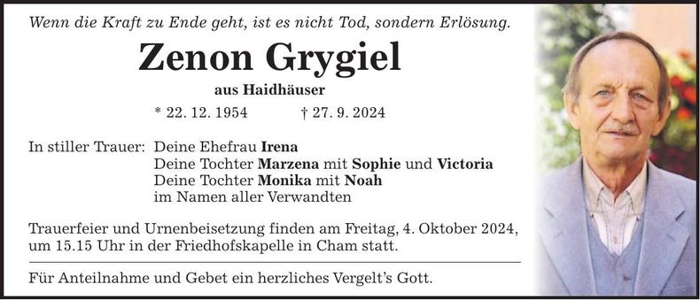 Traueranzeige Zenon Grygiel