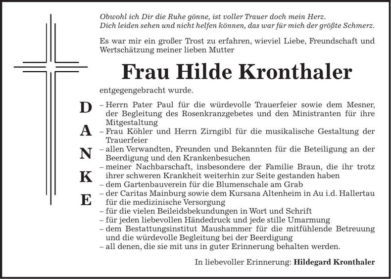 Traueranzeige Hilde Kronthaler