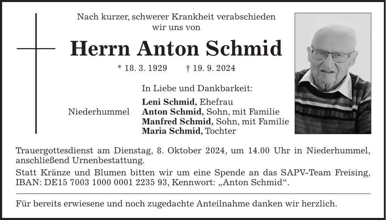 Traueranzeige Anton Schmid
