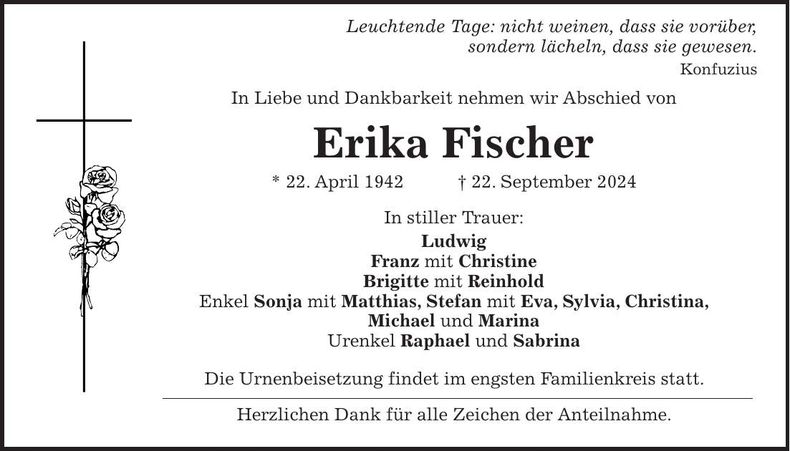 Traueranzeige Erika Fischer
