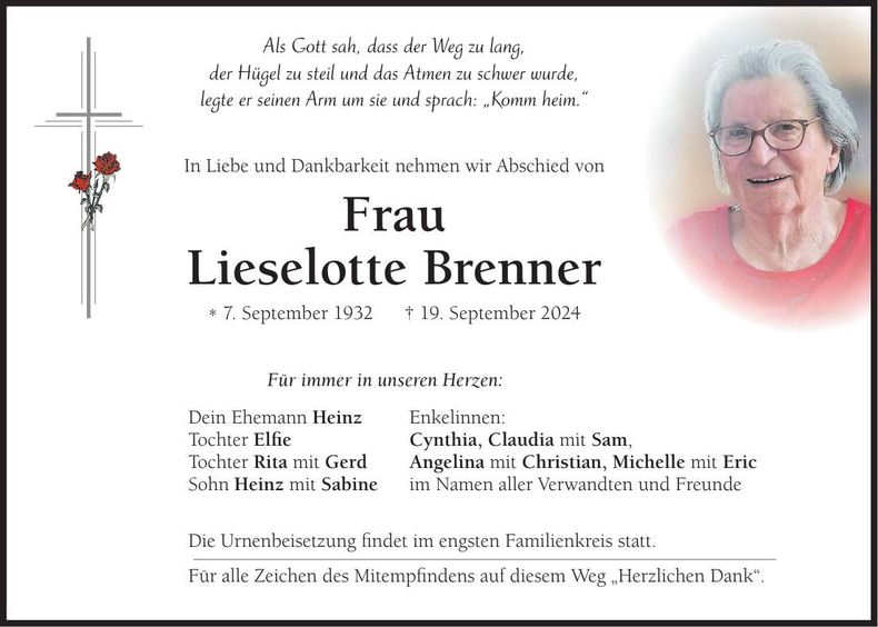 Traueranzeige Lieselotte Brenner