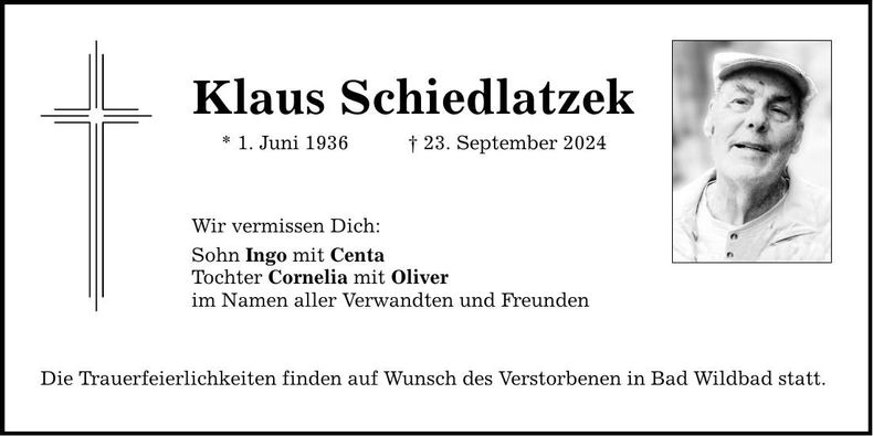 Traueranzeige Klaus Schiedlatzek