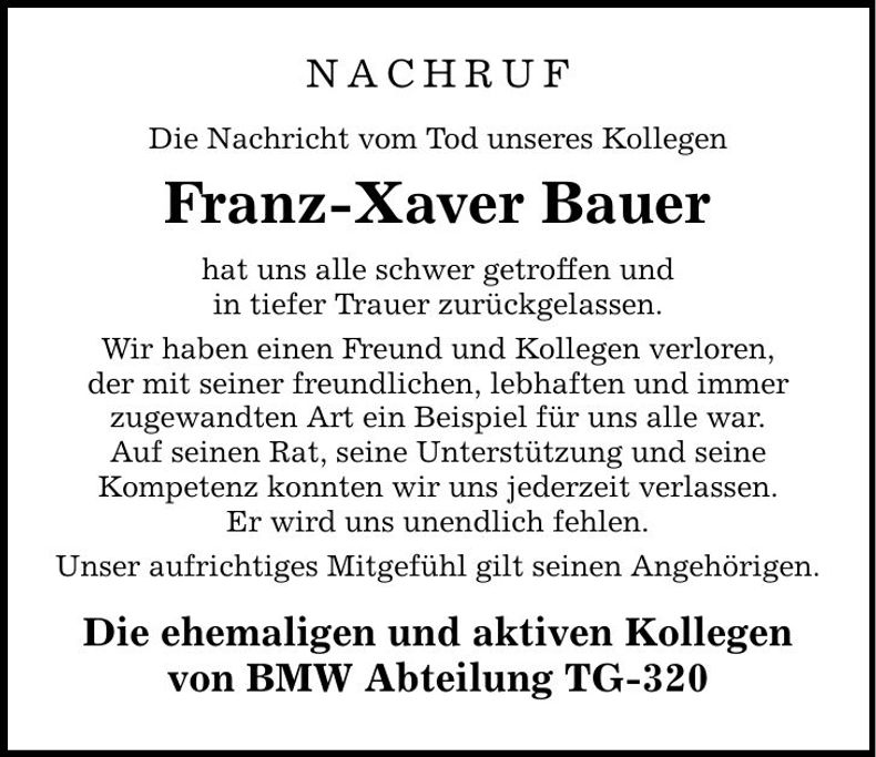 Traueranzeige Franz-Xaver Bauer