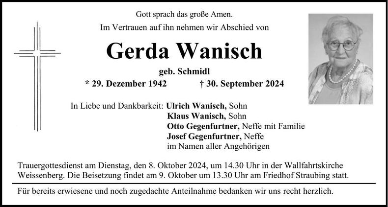 Traueranzeige Gerda Wanisch