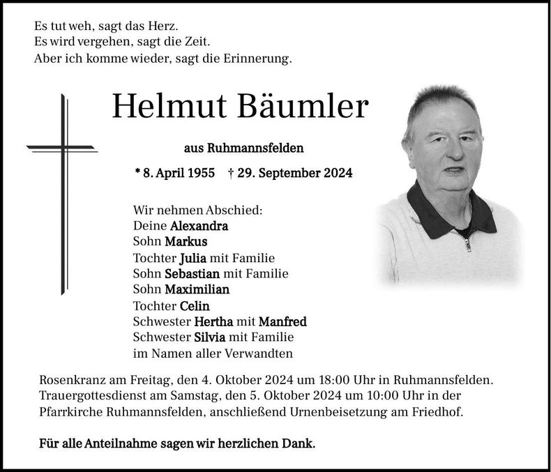 Traueranzeige Helmut Bäumler Helmut Bäumler