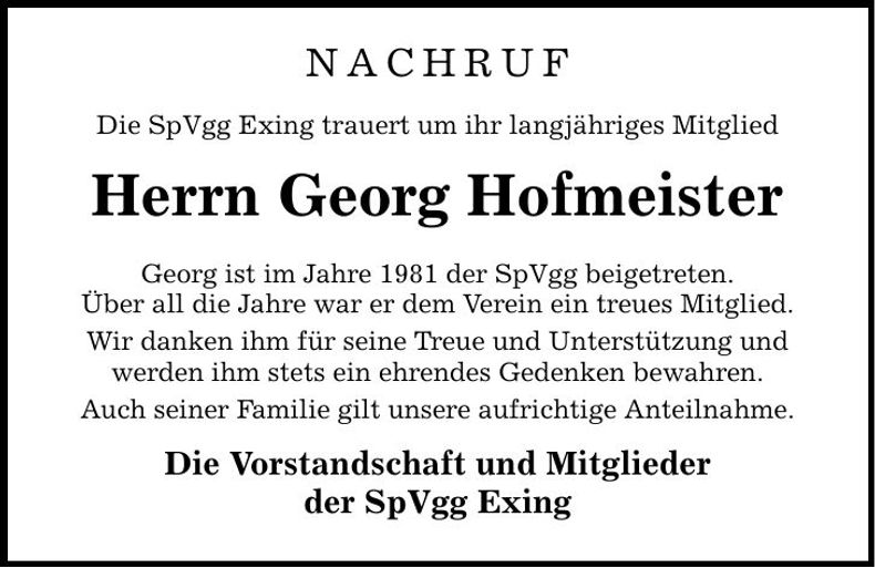 Traueranzeige Georg Hofmeister