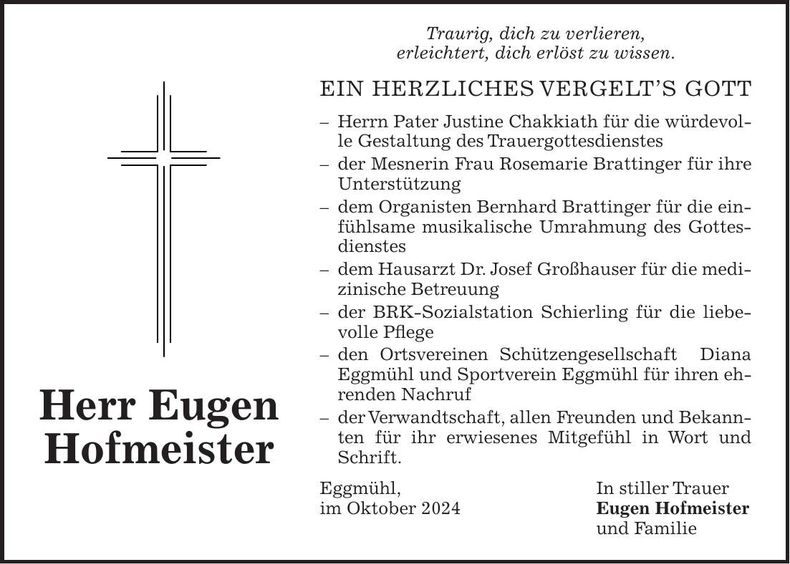 Traueranzeige Eugen Hofmeister