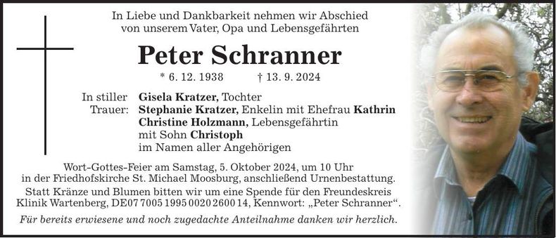 Traueranzeige Peter Schranner