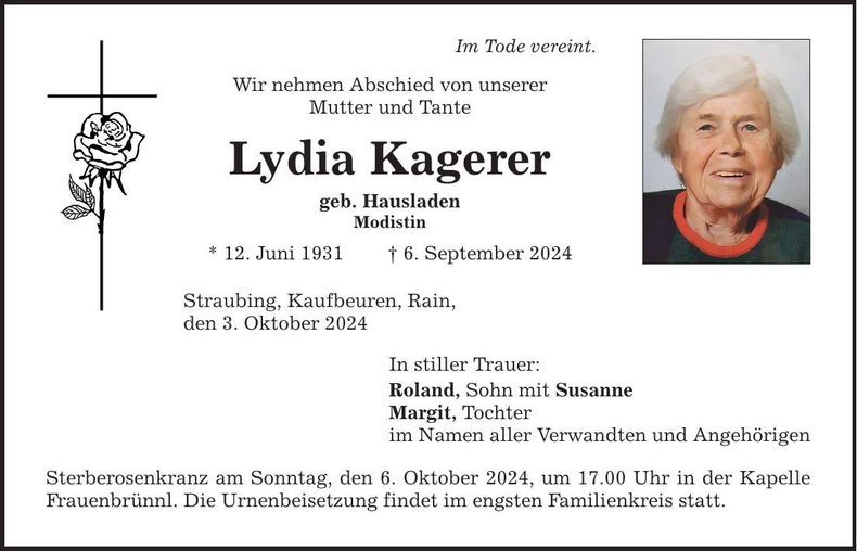 Traueranzeige Lydia Kagerer