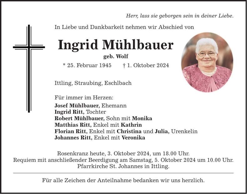 Traueranzeige Ingrid Mühlbauer