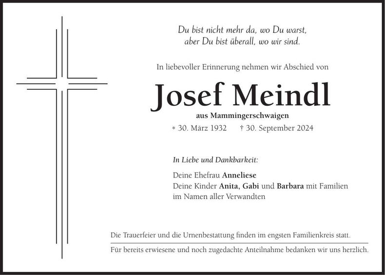 Traueranzeige Josef Meindl