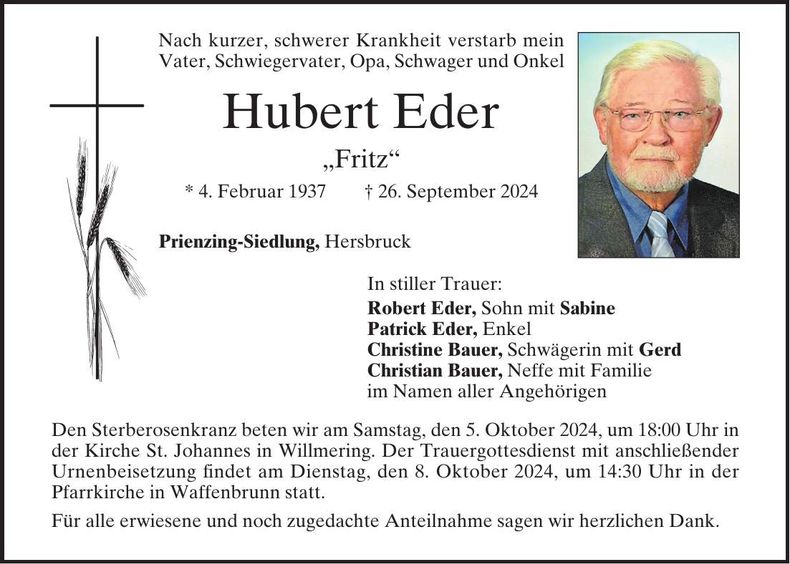 Traueranzeige Hubert Eder