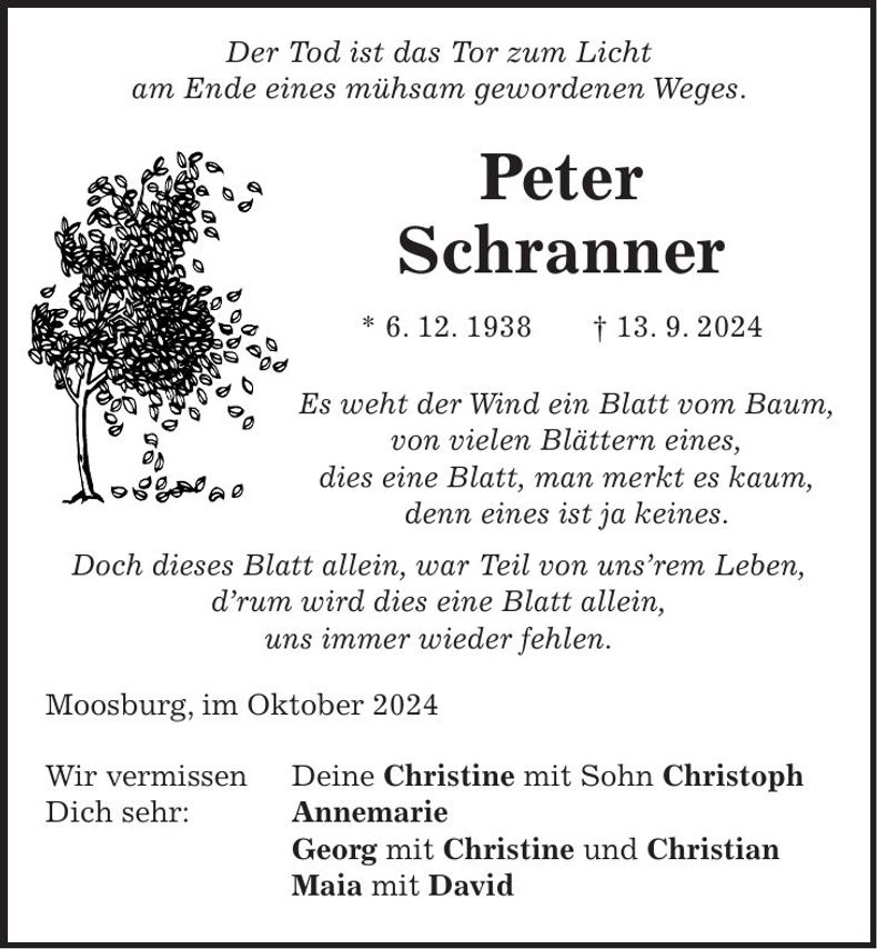 Traueranzeige Peter Schranner