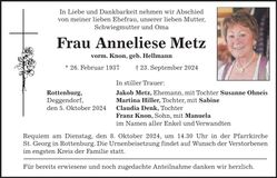 Traueranzeige Anneliese Metz
