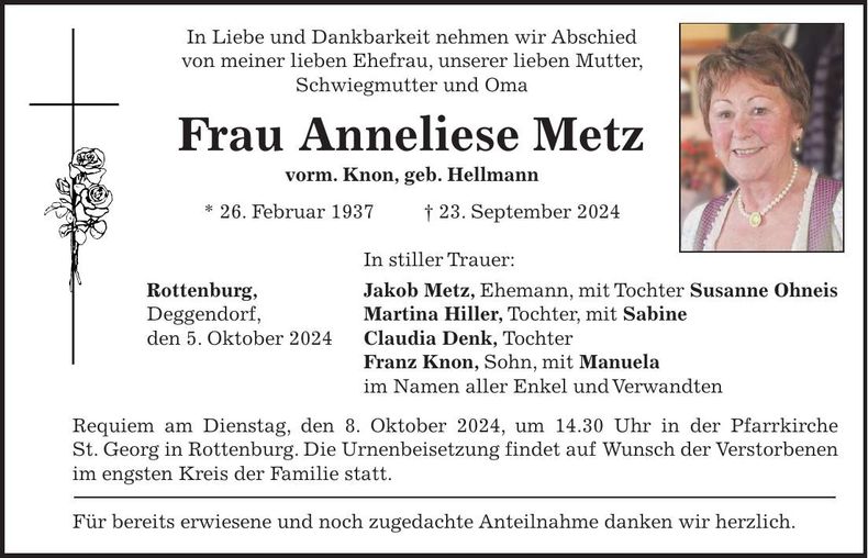 Traueranzeige Anneliese Metz