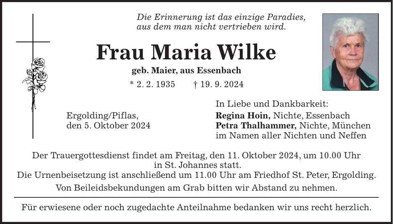 Traueranzeige Maria Wilke