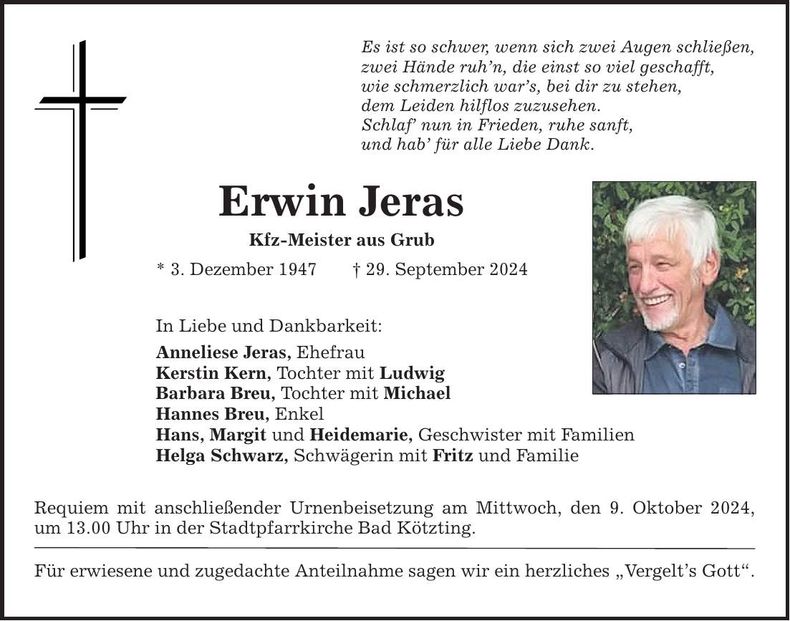 Traueranzeige Erwin Jeras