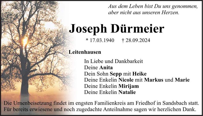 Traueranzeige Joseph Dürmeier