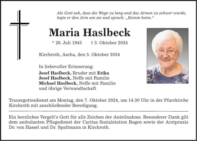Traueranzeige Maria Haslbeck