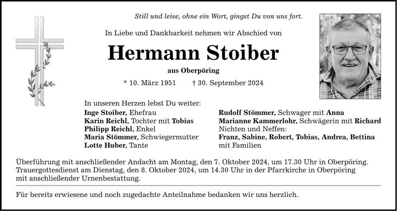Traueranzeige Hermann Stoiber