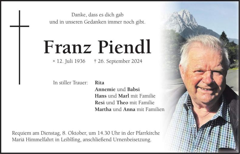 Traueranzeige Franz Piendl