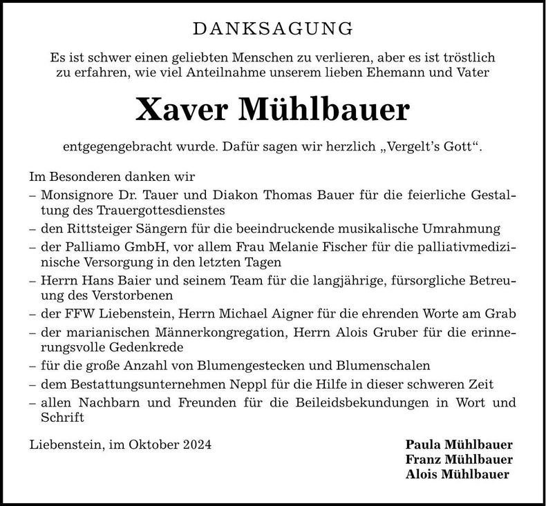 Traueranzeige Xaver Mühlbauer