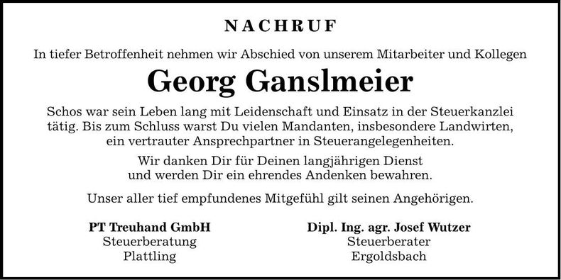 Traueranzeige Georg Ganslmeier