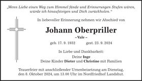 Traueranzeige Johann Oberpriller