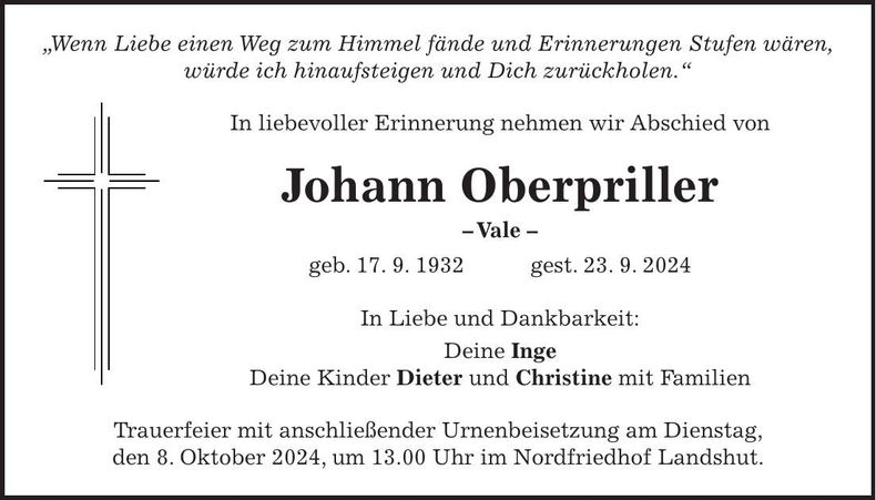 Traueranzeige Johann Oberpriller
