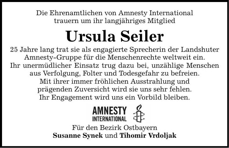 Traueranzeige Ursula Seiler