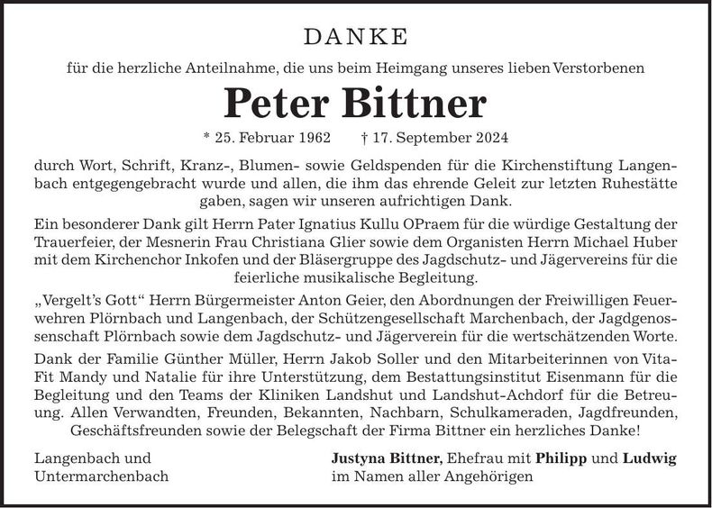 Traueranzeige Peter Bittner