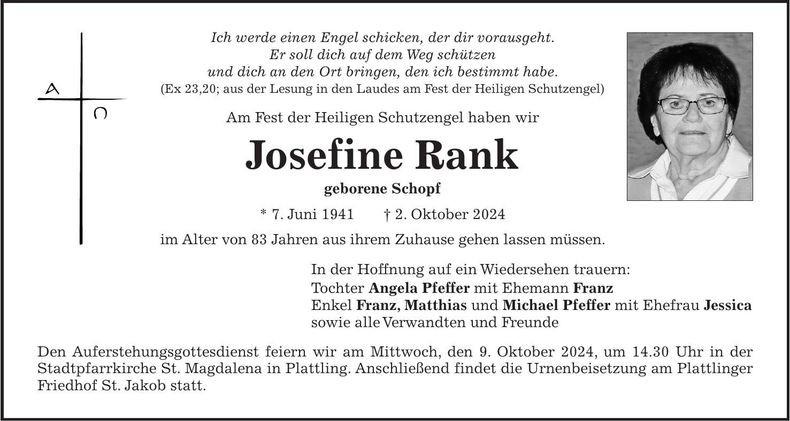 Traueranzeige Josefine Rank