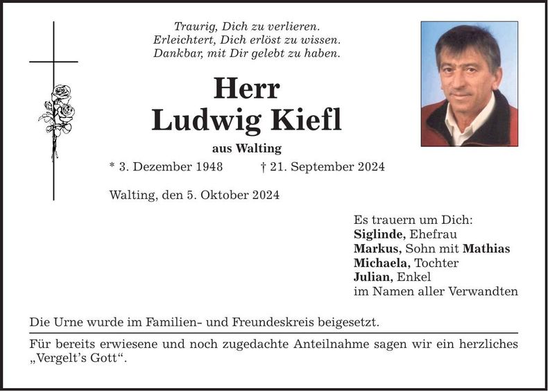 Traueranzeige Ludwig Kiefl
