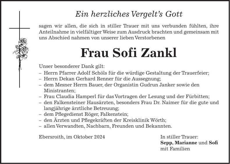 Traueranzeige Sofi Zankl