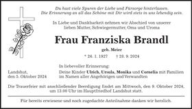 Traueranzeige Franziska Brandl