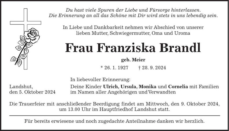 Traueranzeige Franziska Brandl