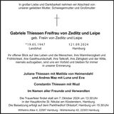 Traueranzeige Gabriele Thiessen Freifrau von Zedlitz und Leipe