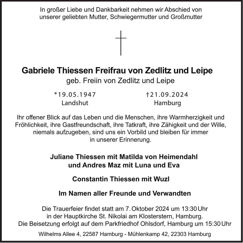 Traueranzeige Gabriele Thiessen Freifrau von Zedlitz und Leipe
