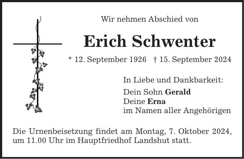 Traueranzeige Erich Schwenter