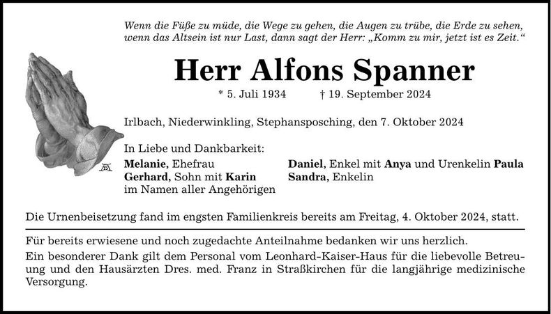 Traueranzeige Alfons Spanner