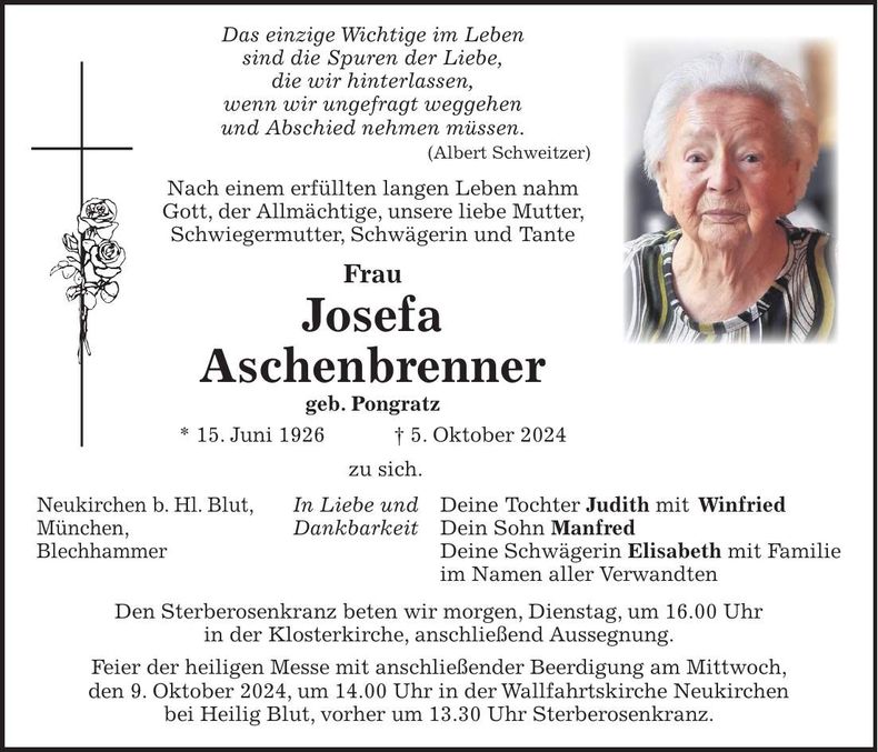 Traueranzeige Josefa Aschenbrenner