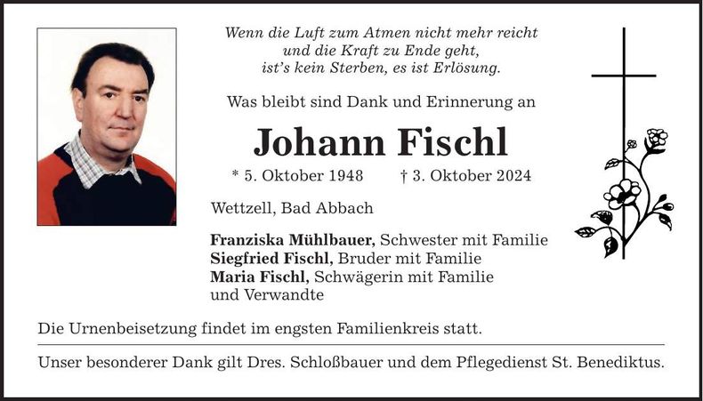 Traueranzeige Johann Fischl