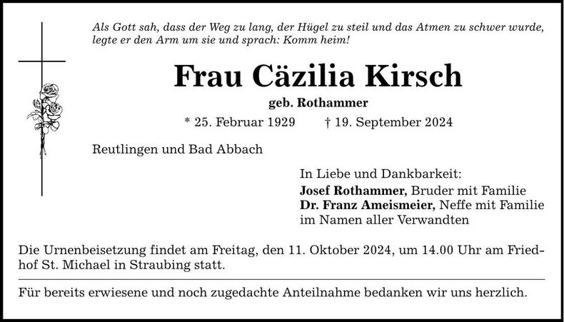 Traueranzeige Cäzilia Kirsch