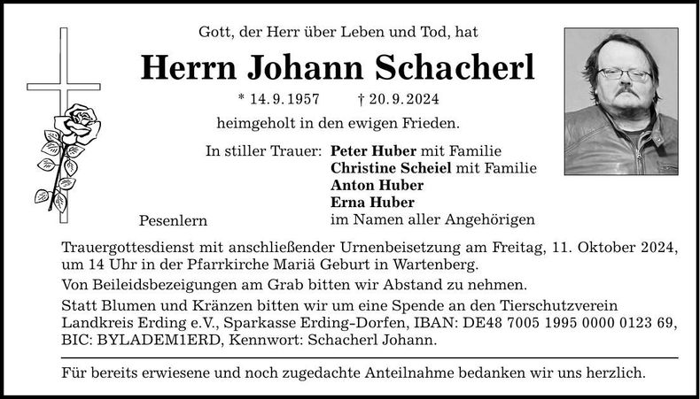 Traueranzeige Johann Schacherl