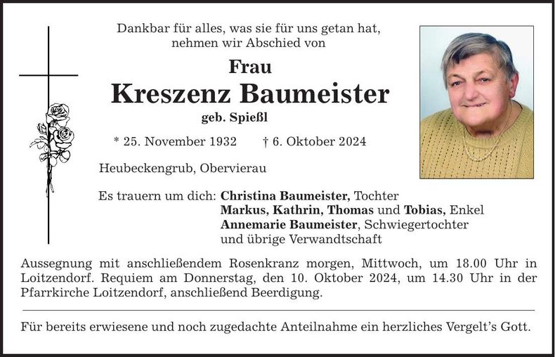 Traueranzeige Kreszenz Baumeister