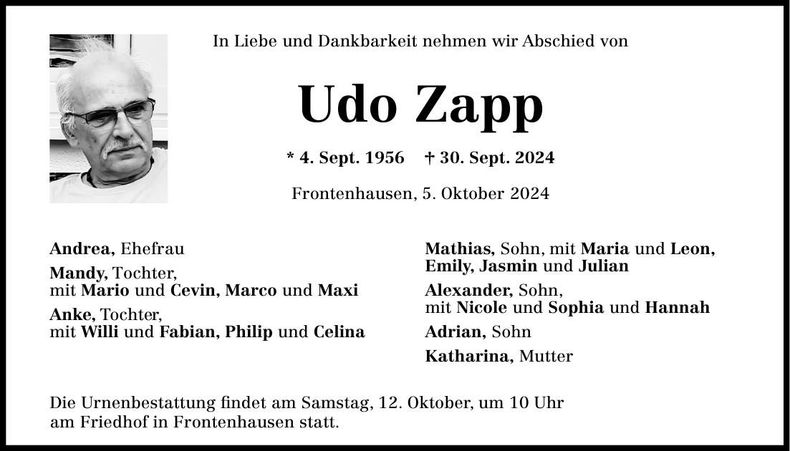 Traueranzeige Udo Zapp